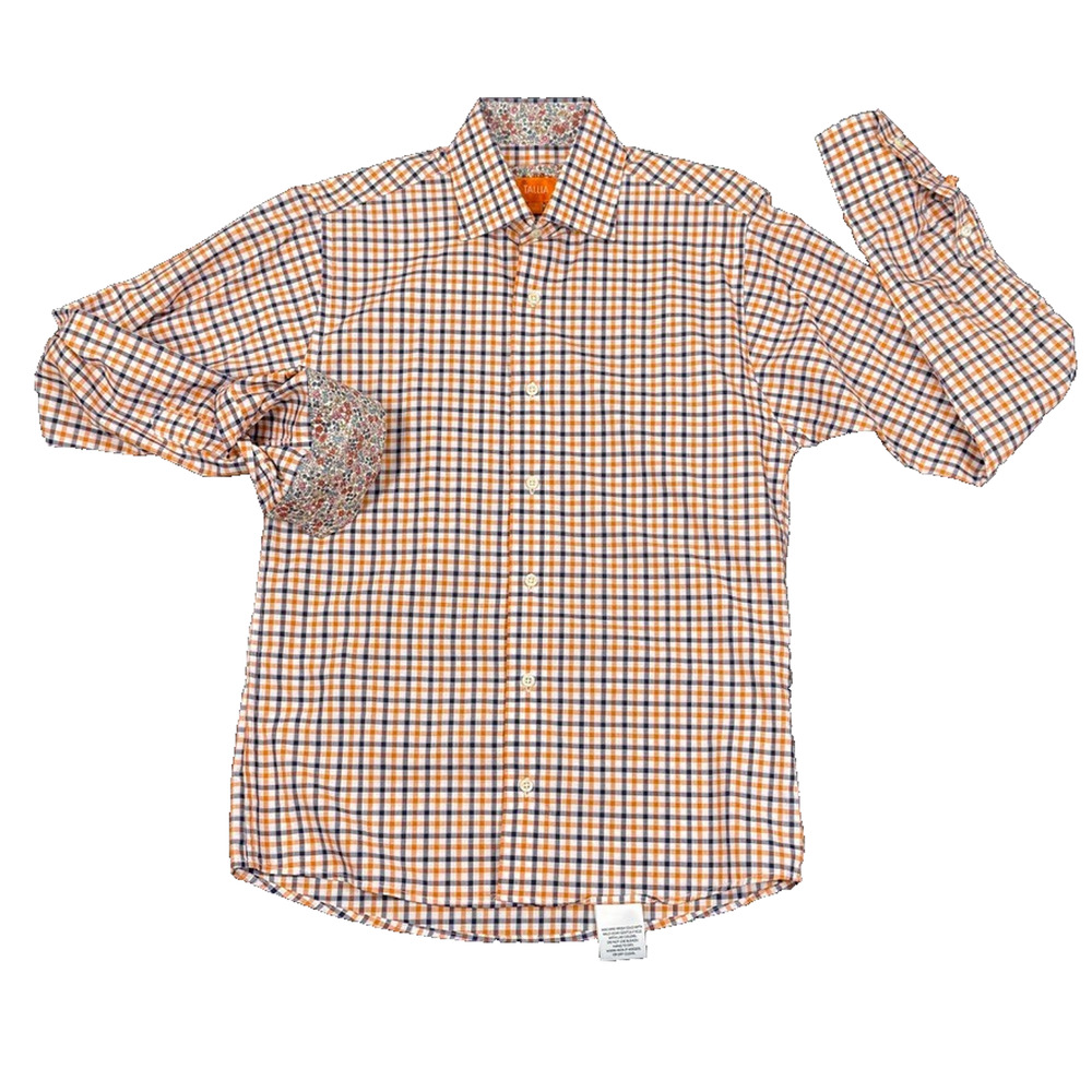Tallia Medallion Print Blue + Orange Plaid Long Sleeve Button Down Men's S 14.5